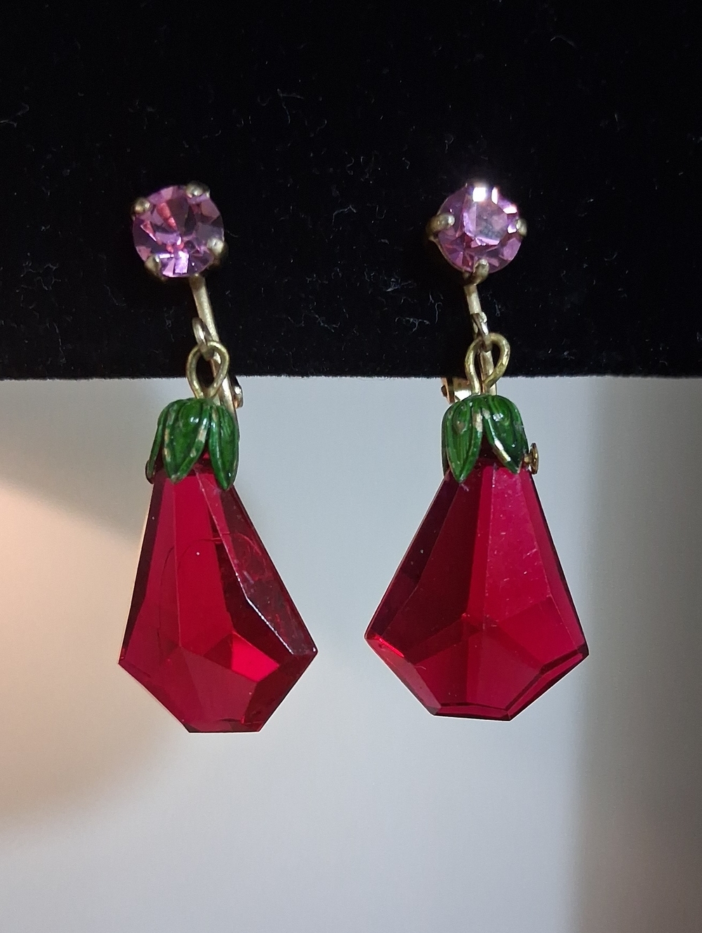 West Germany Red Lucite Green Enamel Petals Pink Rhinestone Drop Earrings Gold